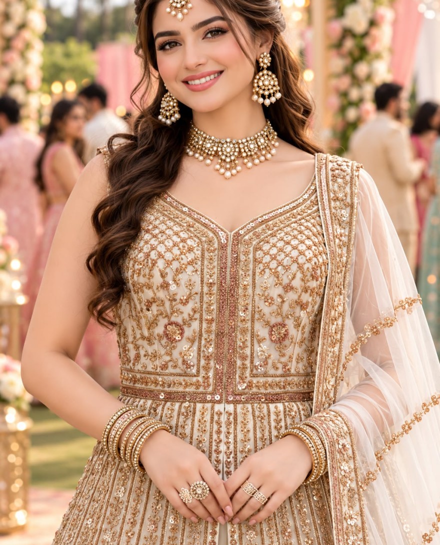 CREAM - Cream Net Beads Lehenga Choli for Ceremonial